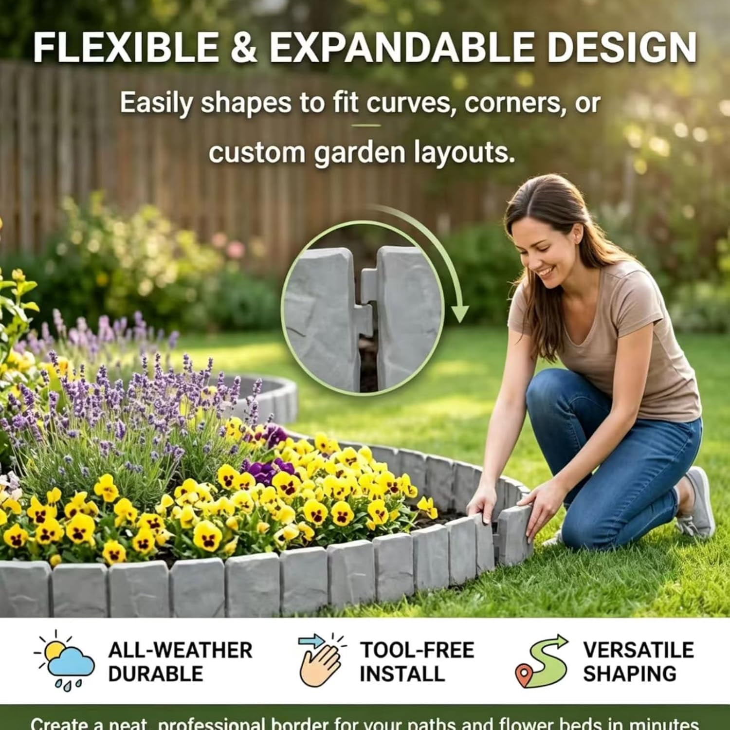 2026 New Plastic Garden Retaining Fence, Stone-Look Lawn Edging Border, No Dig Interlocking Lawn Stakes for Flower Bed, Decorative Outdoor Garden Border Fence for Patio Yard (Gray, 20 Pcs)