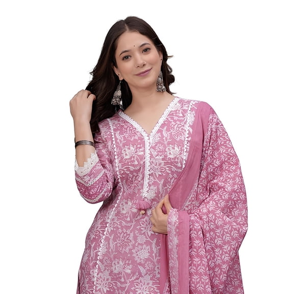 Amayra Women's Pure Cotton Printed Straight Kurta Set with Palazzo Pants & Dupatta- Ethnic Wear - Indian Ethnic Traditional Wear Kurta Set