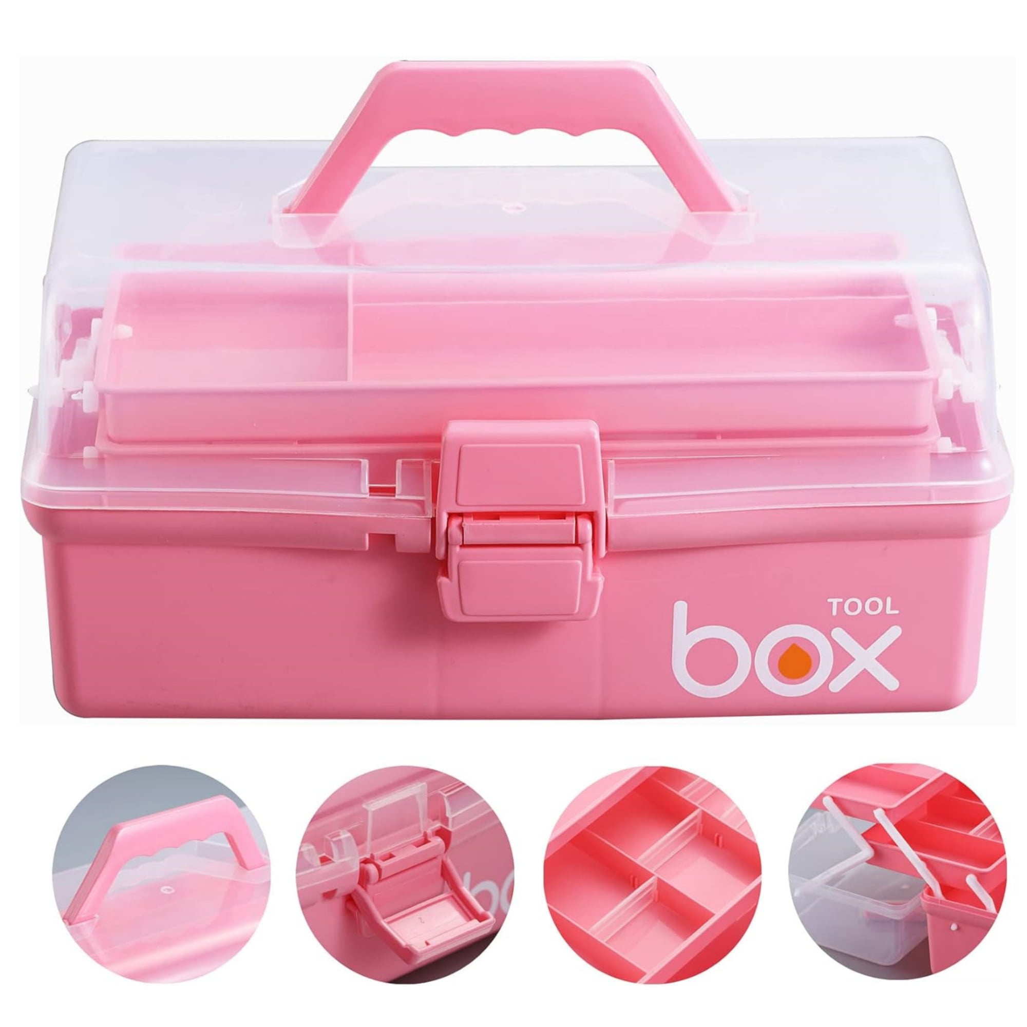 Kinsorcai 2PCS 12'' Three-Layer Clear Plastic Storage Box/Tool Box, Multipurpose Organizer and Portable Handled Storage Case for Art Craft and Cosmetic (Pink)
