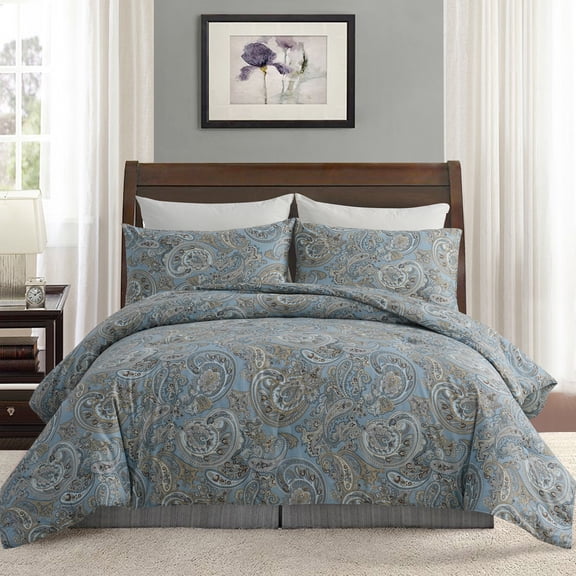 Cotton Duvet Cover Blue Boho Paisley Pattern Duvet Cover Sets with Zipper Closure 3 Pcs Soft & Breathable Luxury Bedding Sets