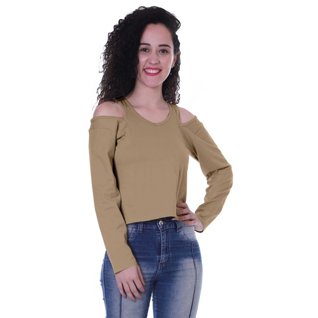 Moomaya Womens Cold Shoulder Short Top Solid Full Sleeves Summer Tee Tops