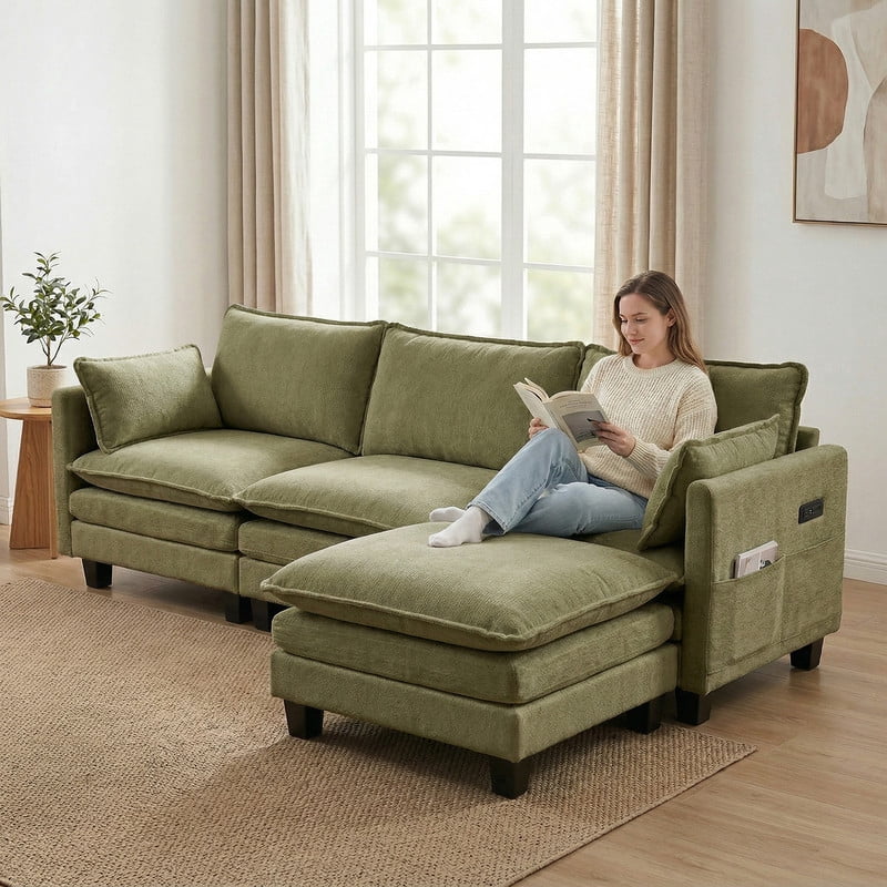 Howcool 110"W Modern Chenille Sectional Sofa with Ottoman,L-Shaped Modular Sofa Couch with USB Ports for Living Room,Green