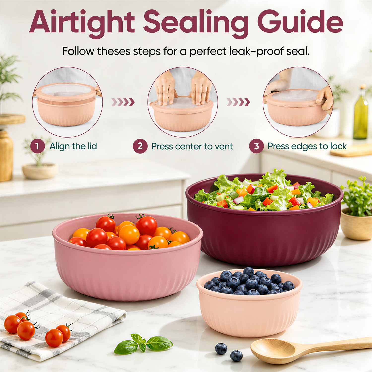 Walchoice 4-Piece Prep Bowls with Airtight Lids, Red photo 3