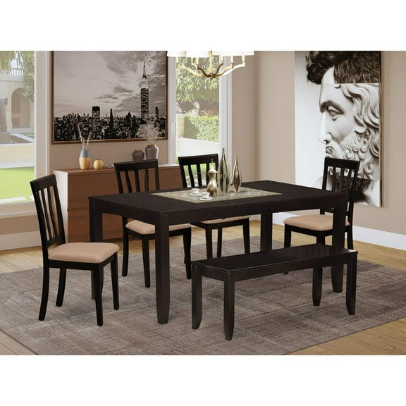 East West Furniture  6 Piece Dining Table Set- a Rectangle Table and 4 Dining Chairs with a Bench, Cappuccino (Seat Options) LYAN6-CAP-C