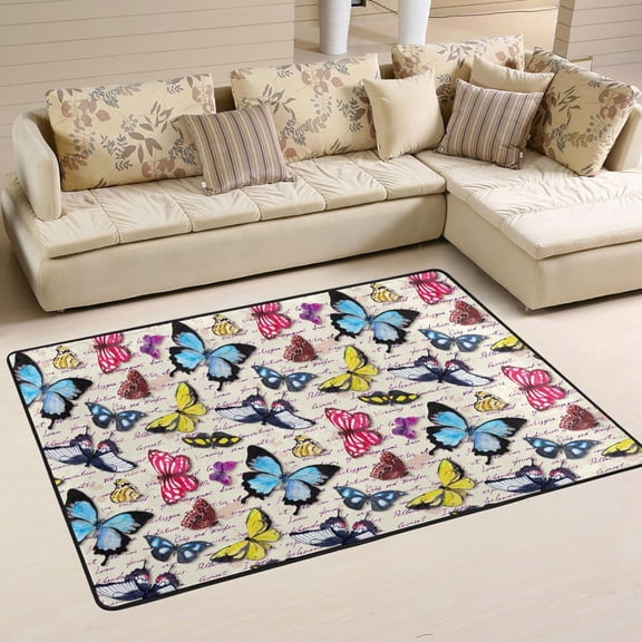 SKYSONIC 72x48in Vintage Butterflies Area Rug, Pretty Butterfly Floor Carpet for Indoor Living Dining Room and Bedroom Area