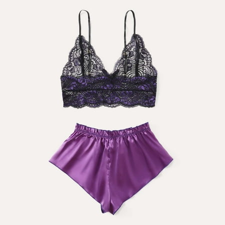 Women s Lingerie  Lingerie for Women Plus Size  Sexy Lace Lingerie Set for Women Silk Pajamas Sleep & Lounge  Naughty Thong  Sling Top and Shorts Pajama Set Soft  Purple(XL)