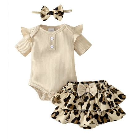

3Pcs Baby Girl Colthes Ribbed Knit Romper Top Ruffle Pants Set with Headband Toddler Summer Outfits 0-18M