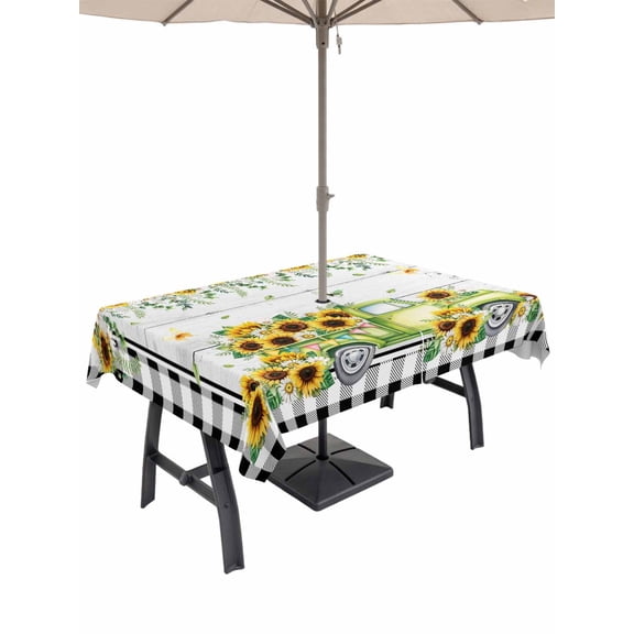 Outdoor Tablecloth with Umbrella Hole for Patio/Picnic/Party/Camping, Sunflowers Waterproof Table Cloth Rectangle Table Cover Washable, Spring Farmhouse Country Truck Leaf Wood Grain (60"x 84")