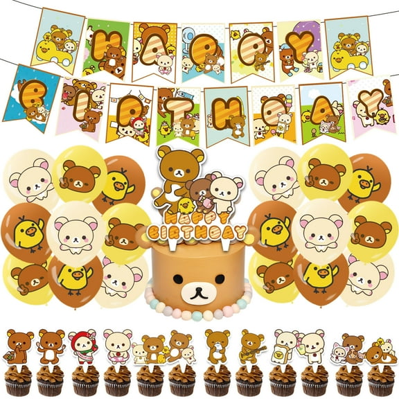 32 Pcs For Rilakkuma Theme Birthday Party Decorations,With 1 Happy Birthday Banner Garland,13 Cupcake Toppers,18 Balloons for Party Decorations