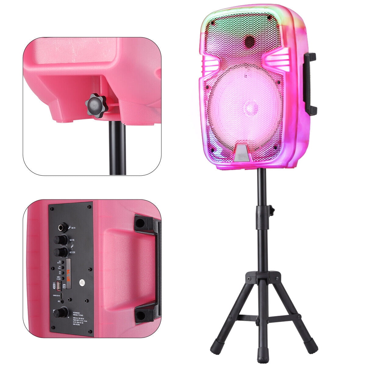Portable Bluetooth Speaker 8" Woofer w/ Tripod Stand Microphone Remote Control Pink LED, Clear Shell