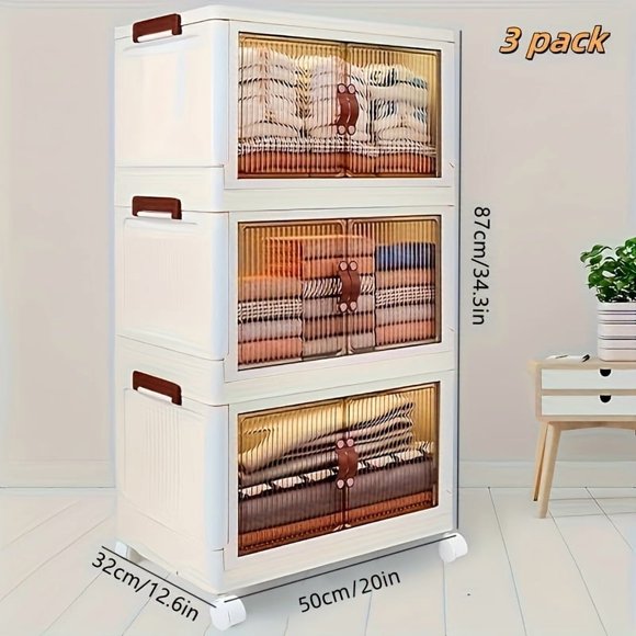 HLONK 50cm/19.68in Wide Foldable Storage Box with Wheels And Door 1-3Layers Lidded Storage Bins Easy to Move for Bedroom/Kitchen/Living Room Large Capacity Container for All Seasons Col