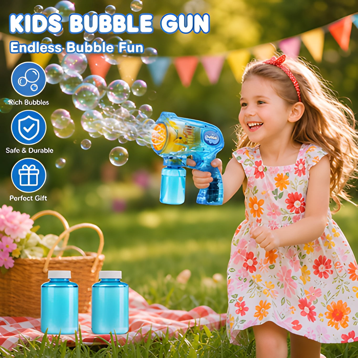 2 Kids Bubble Gun with 2 Bottles Refill Solution, Bubble Machine Gun for Toddlers 1-3 Kids 4-8, Party Favors, Summer Toy, Outdoors, Easter, Birthday Gift
