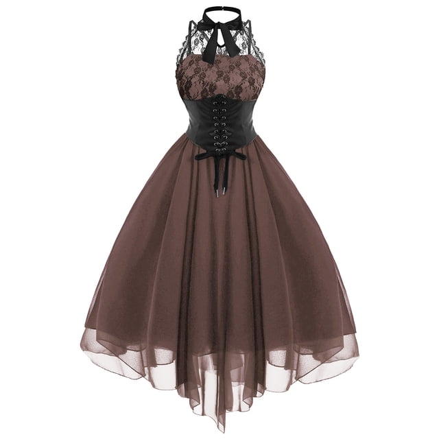 Robes Gothiques pour Femmes Sans Manches Dos Nu en Dentelle Robe Vintage Cocktail Formelle Punk Midi avec Corset