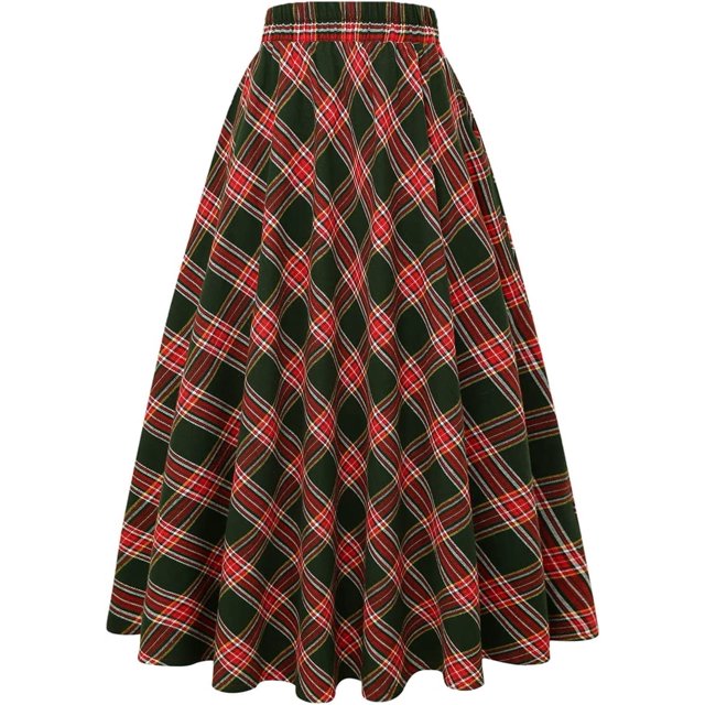 Falda Larga de Cintura Alta elástica para Mujer, Acampanada, a Cuadros, para Invierno, cálida Verde y rojo (Green&red) CH Verde y rojo (Green&red) CH Xishao ropa