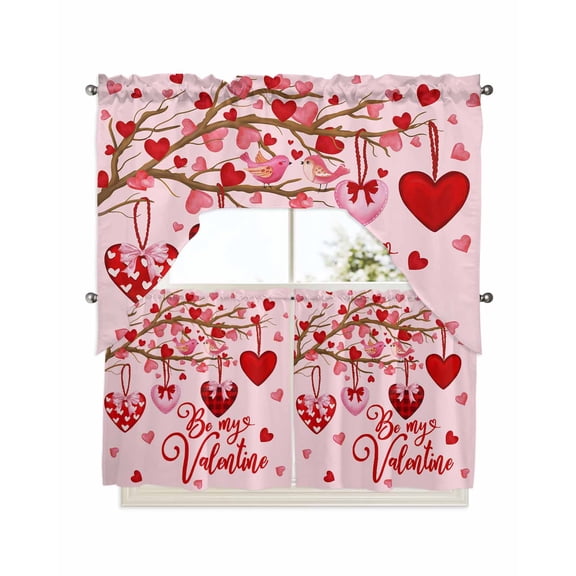 Valentine's Day, Kitchen Curtains Swag Valance and Tier Curtains Set 24 Inch Length, Valentine Tree Red Hearts Love Plaid Rod Pocket Drape Panels Pair Swag Curtains for Bathroom/Cafe/Window