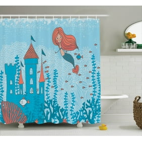 Mermaid Decor Shower Curtain Set Underwater Cartoon World Little