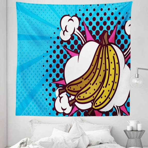Banana Tapestry, Pop Art Themed Comic Book Style Fruits on Retro Halftone Effect Dots, Fabric Wall Hanging Decor for Bedroom Living Room Dorm, 5 Sizes, Sky Blue Mustard Maroon, by Ambesonne