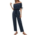 thumbnail image 2 of Lilgiuy Fashion Women's Solid Bandaget Elastic Waist Off Shoulder Short Sleeve Jumpsuits Petite Classic Fit Proportioned Pant, 2 of 5