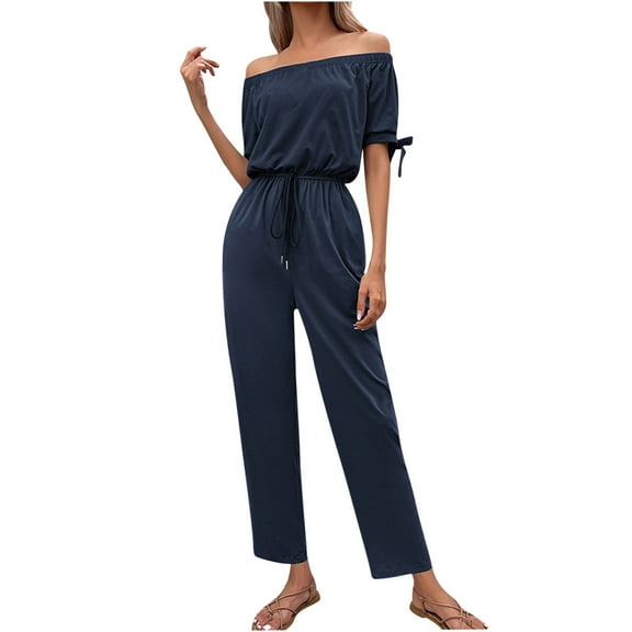 Womens Casual Off Shoulder Jumpsuits Short Sleeve Tie Waisted Straight Leg Long Pants Outfits Onesie Rompers Playsuits