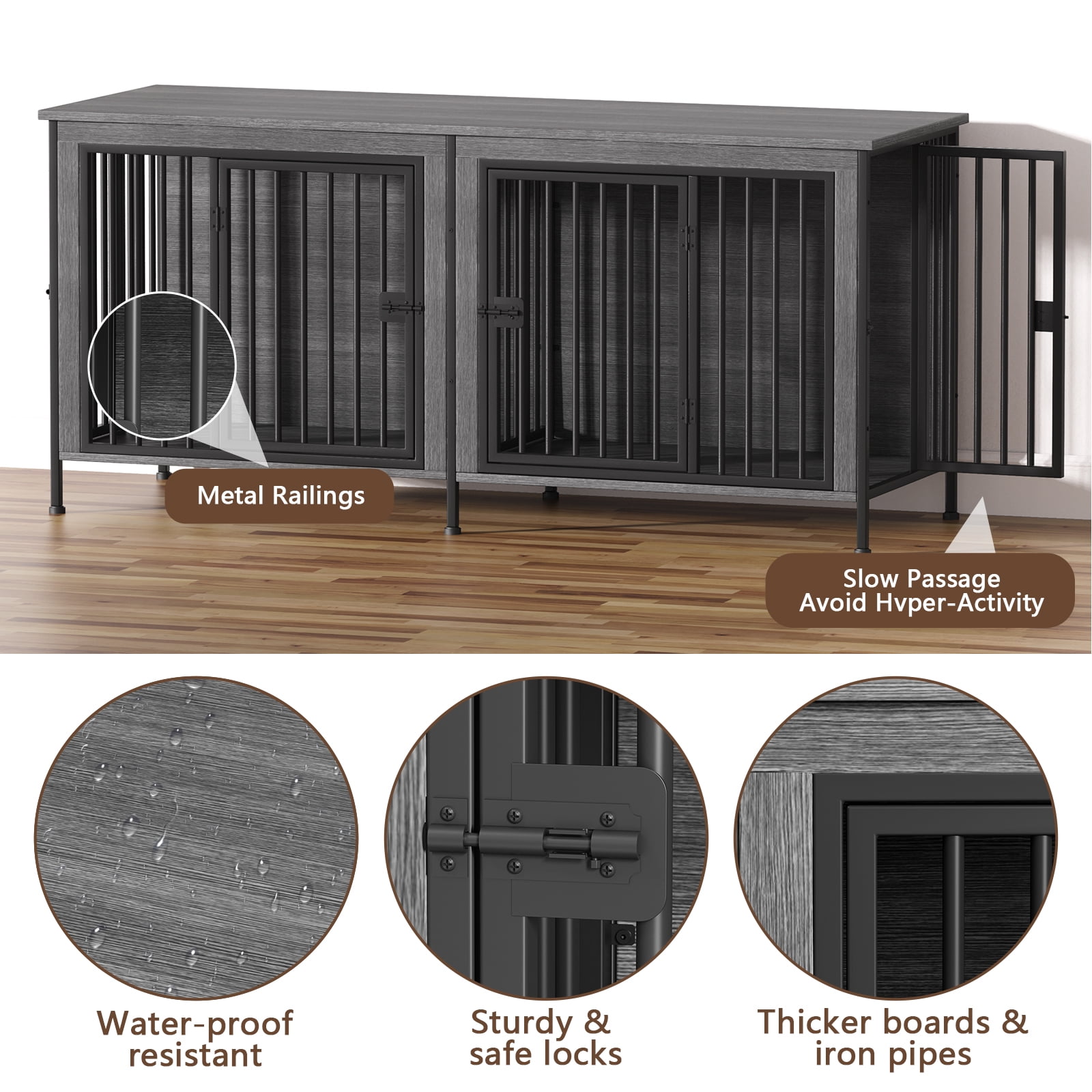 EasyCom 78" Dog Cage Furniture for 2 Dogs,Extra Large Double Dog Crate Furniture Large Breed,Wooden Dog Kennel Furniture TV Stand,Dark Gray