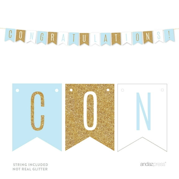 Signature Baby Blue, White, Gold Glittering Bridal Shower Party, Hanging Pennant Banner, Congratulations!