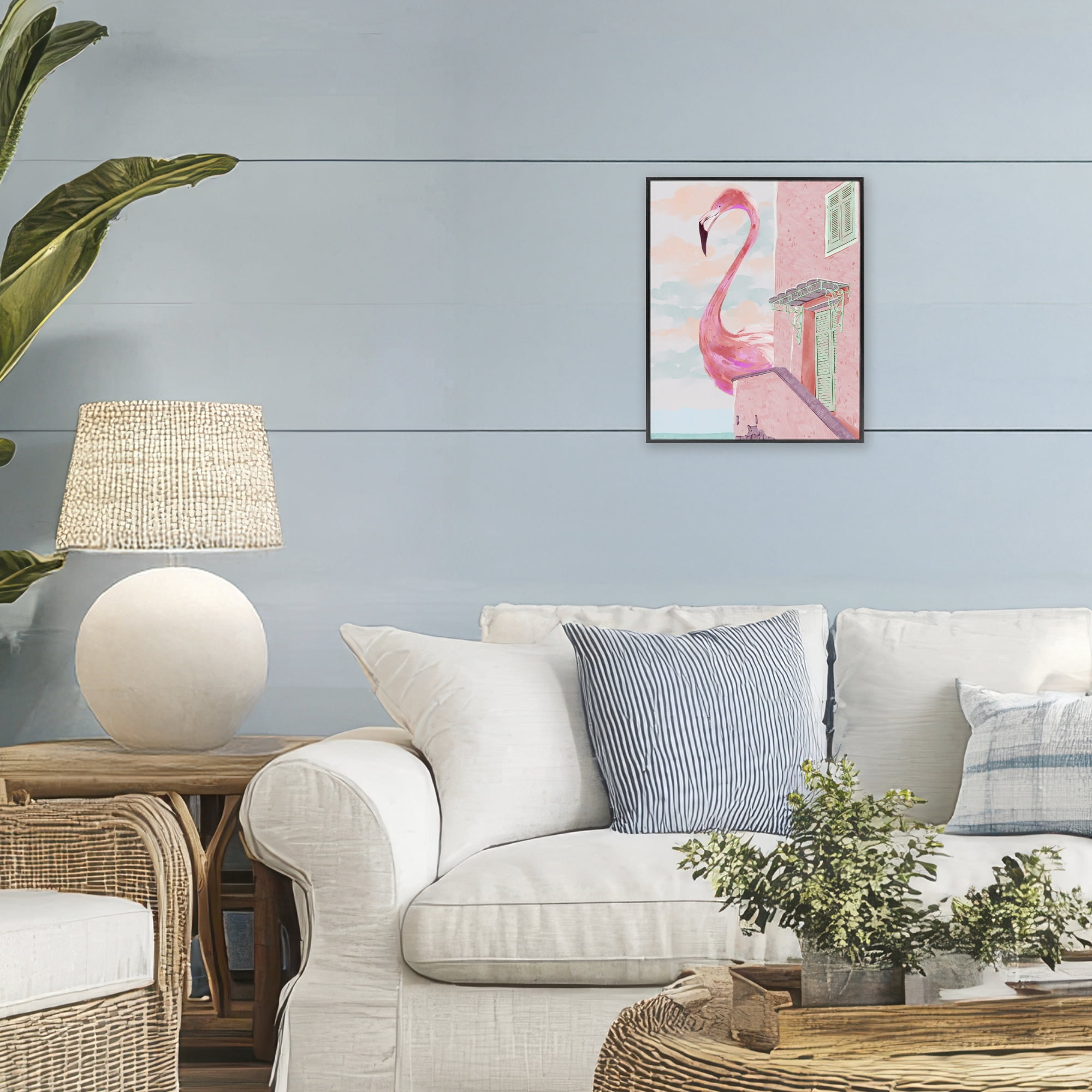 Stupell Industries Giant Flamingo with Seaside Balcony Black Framed Giclee Art, design by Ziwei Li