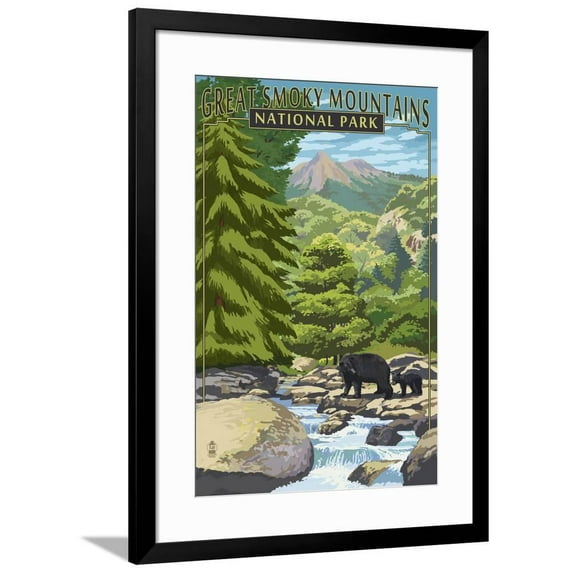 Leconte Creek and Bear Family - Great Smoky Mountains National Park, TN, Framed Art Print Wall Art by Lantern Press