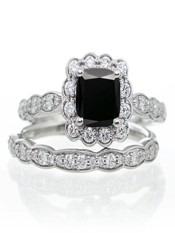Princess Cut Black Diamond 10K Black Gold Over Wedding Bridal Band Ring Set 