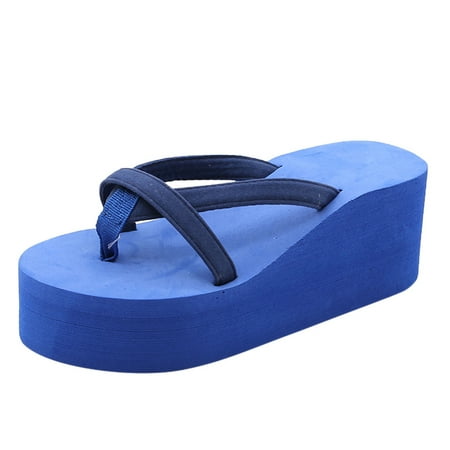 

JINMGG Womens Slippers Plus Clearance Women s Solid Color Beach Flip-Flops High-Heeled Wedge with Thick-Legged Sandals Blue 36