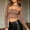 Brown, variant on Women's Cut Out Bandage Crop Top Long Sleeve Hollow Chest Bandeau Ribbed Knit Slim Fit Clubwear Party Shirts Black L(L)