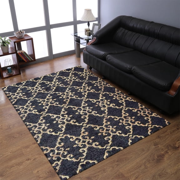 Rugsotic Carpets Hand Knotted Sumak Jute Eco-Friendly 5'x8' Area Rugs Rectangle Charcoal Beige Contemporary High Pile Natural Fiber Outdoor Indoor Handmade Rug for Living Room, Bedroom J00015