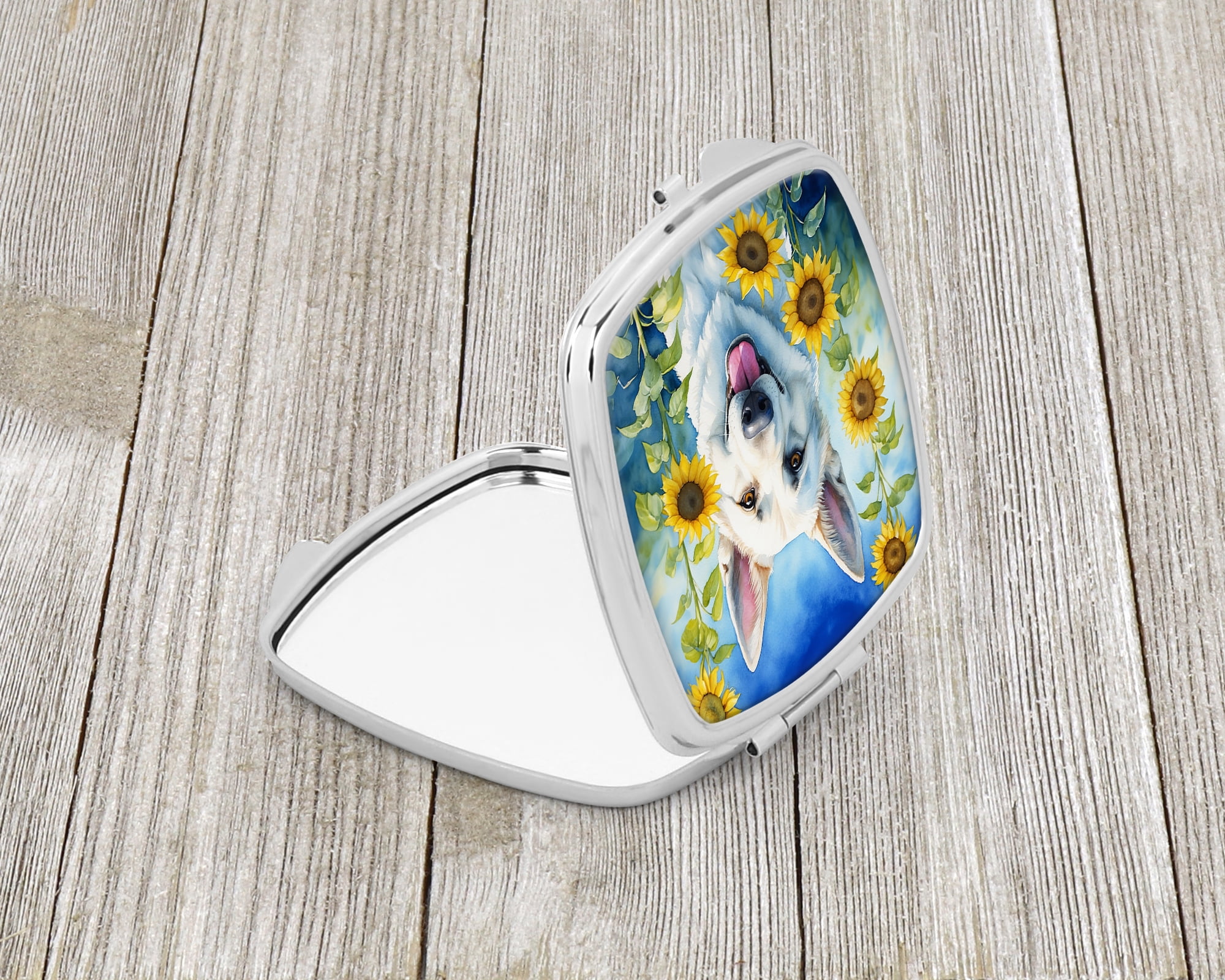 White German Shepherd in Sunflowers Compact Mirror 2.75 in x 3 in