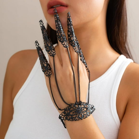 Gothic Flower Iron Finger Ring Bracelets for Women Black 6-1/4 inch(16cm)