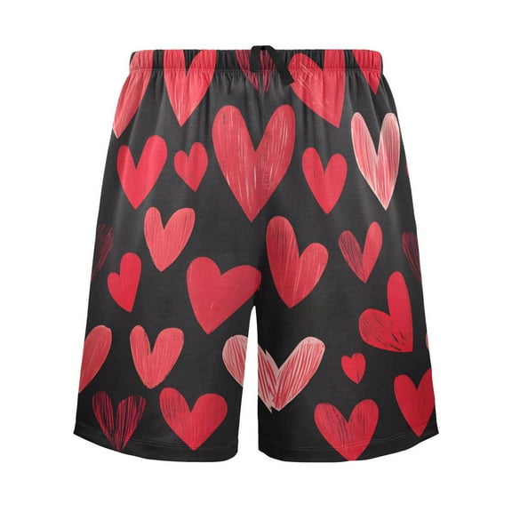 joogoo Mens Swim Trunks Red Hearts on Black Beach Shorts Drawstring Elastic Waist Swimwear Bathing Suits L