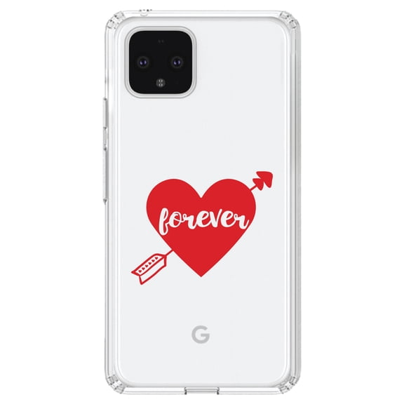 DistinctInk Clear Shockproof Hybrid Case for Google Pixel 4 XL (6.3" Screen) - TPU Bumper Acrylic Back Tempered Glass Screen Protector - Heart Arrow Forever Valentine