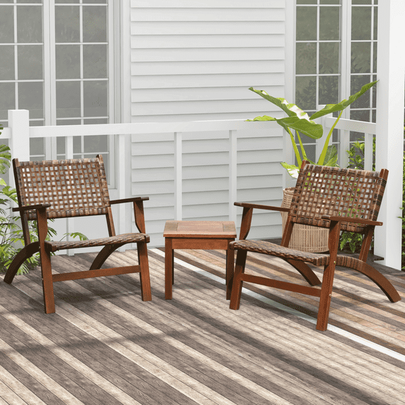 3-Piece Outdoor Wooden Patio Rattan Furniture Set with 2 Armchairs and Coffee Table