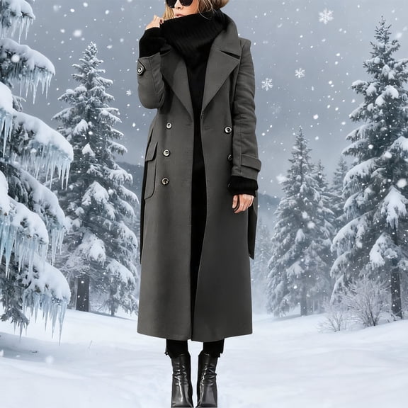 Taylonsss Womens Wool Blend Double Breasted Coat with Wide Lapel Collar and Detachable Belt, Warm Long Sleeve Trench Style Jacket with Side Pockets for Office and Casual Outwear