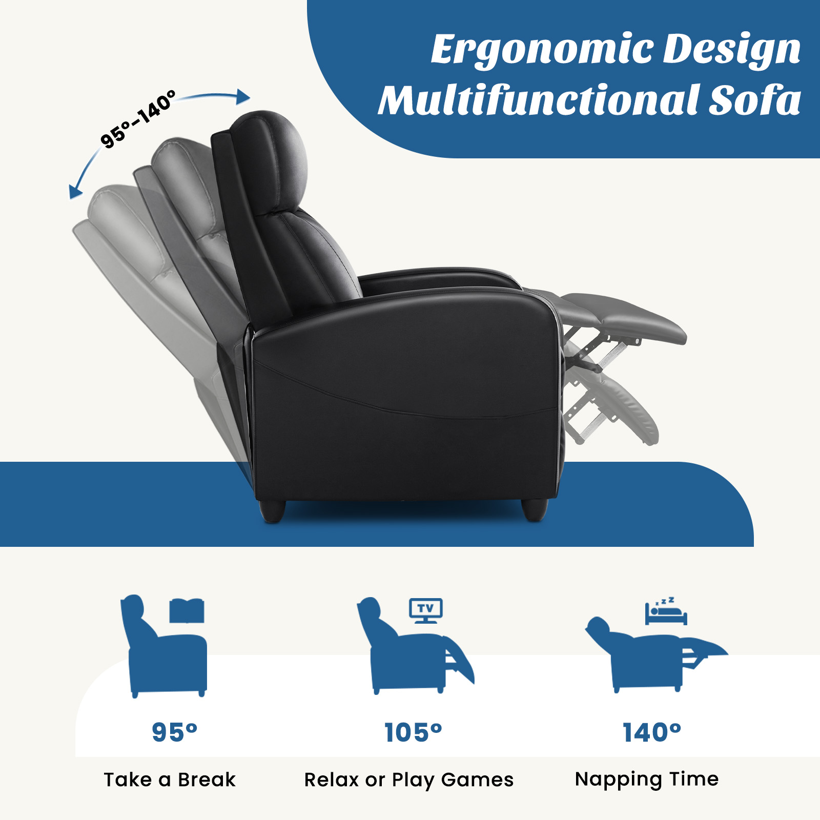 JIOABL Recliner Sofa, Adjustable Comfort Footrest for Living Room, Lounge, Bedroom, Black