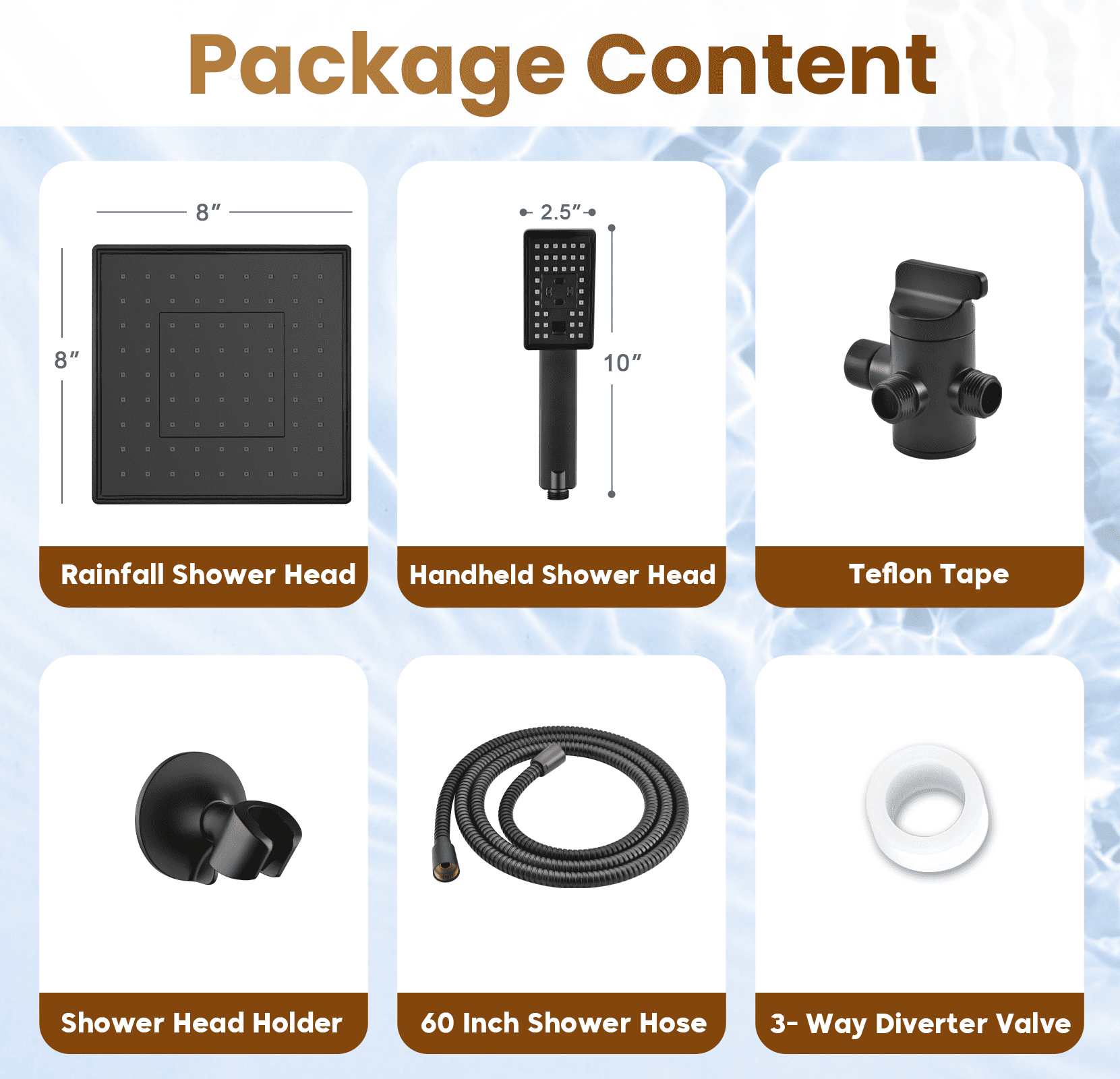 BRIGHT SHOWERS Rain Shower Head with Handheld Spray 5 ft. Shower Hose Combo Includes Wall Mount Suction Bracket 3-Way Water Diverter Mount (8 Inch Square, Matte Black)