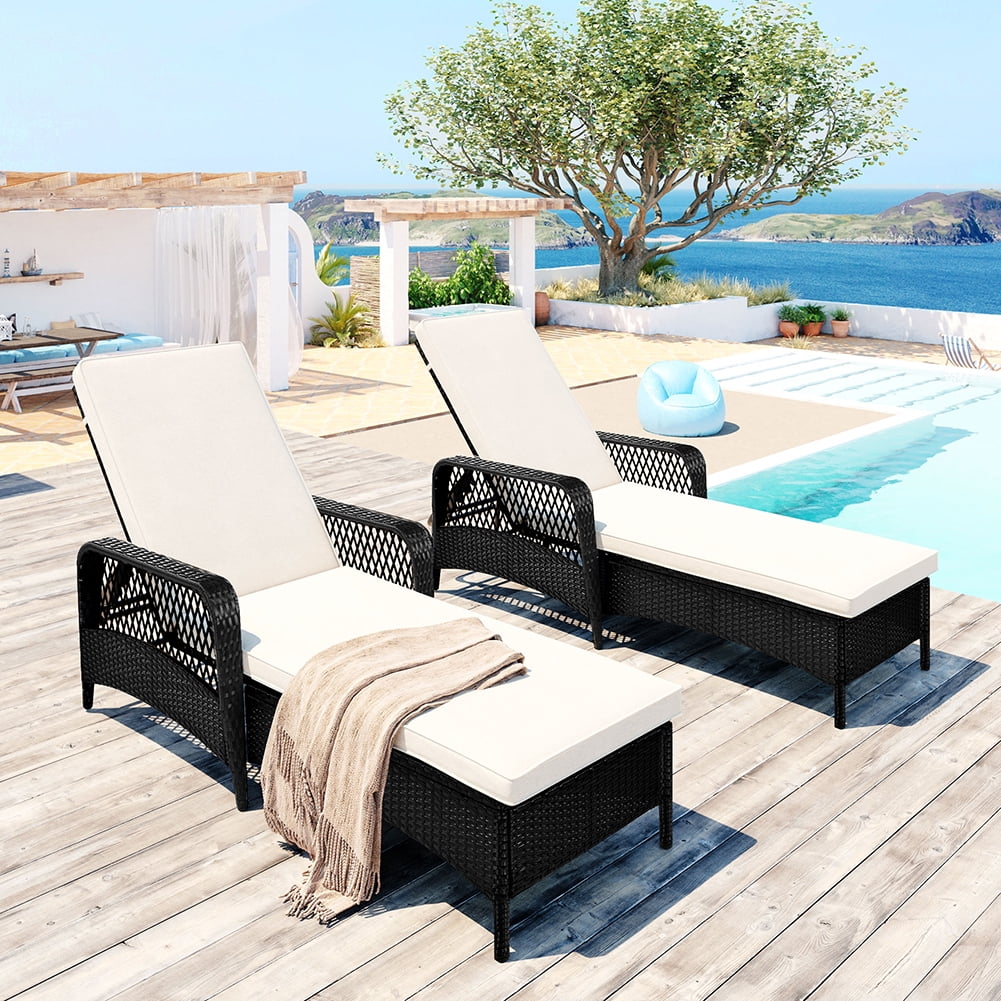 Private Jungle Outdoor Patio Pool PE Rattan Wicker Chair Wicker Sun Lounger, Adjustable Backrest, Beige Cushion, Black Wicker (2 sets) Private Jungle Outdoor Patio Pool PE Rattan Wicker Chair Wicker Sun Lounger, Adjustable Backrest, Beige Cushion, Black Wicker (2 sets)