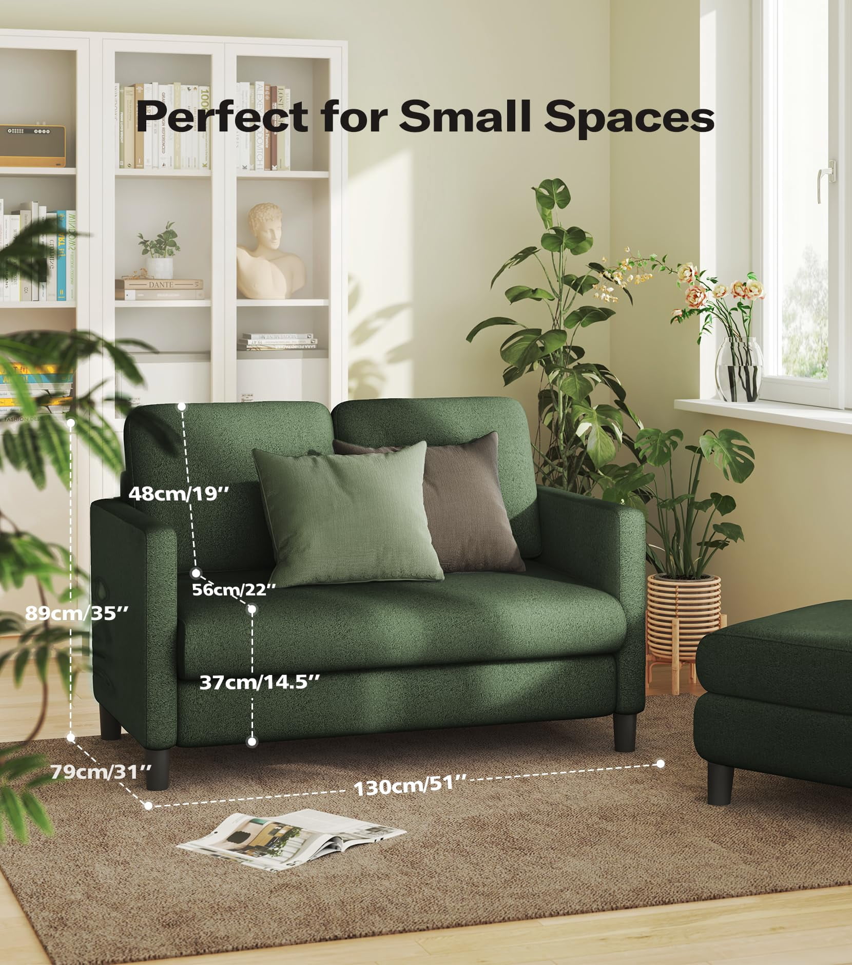 Welzona 51" Teddy Fabric Loveseat Sofa, Small 2-Seater Couch for Small Spaces, Tool-Free Assembly, Green