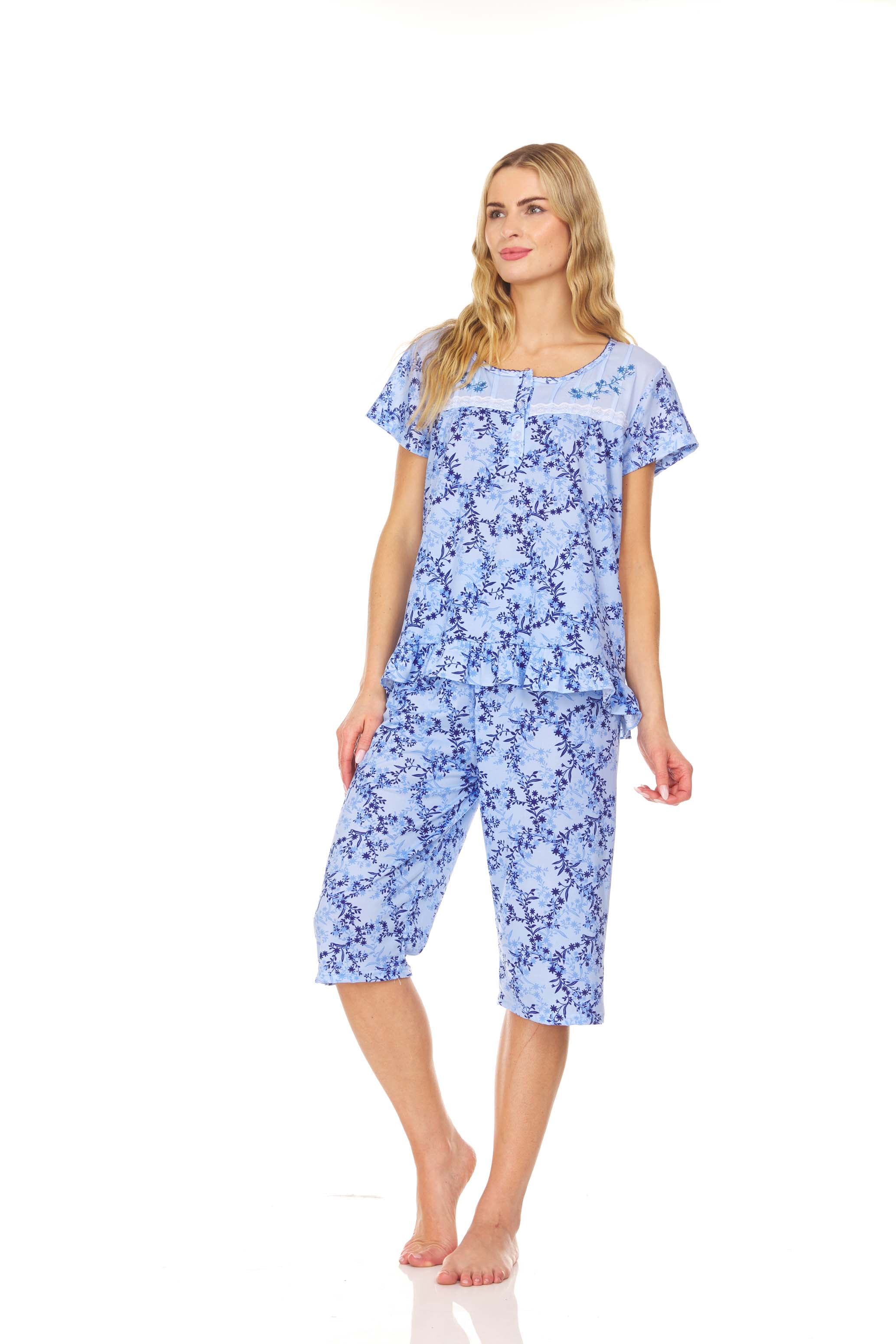 5202C Womens Capri Set Sleepwear Pajamas Woman Sleep Nightshirt Blue L