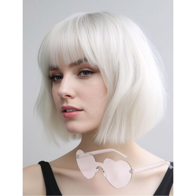 MIUSKATL Peluca y gafas de sol Pelucas cortas Bob de 12 pulgadas con flequillo para mujer Disfraz Cosplay Fiesta (Blanco)