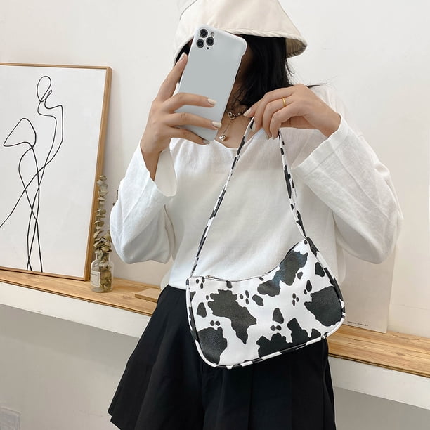 Bolso de mano con estampado de puntos de vaca para mujer, bolso de hombro pequeño para axilas (blanco)