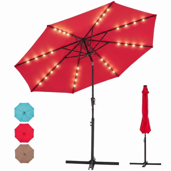EDX 10 ft Outdoor Patio Umbrella with Solar LED Lights, Weather‑Resistant Camping & Yard Umbrella with Push‑Button Tilt, 8‑Rib Patio Umbrella for Sunny Outdoor Use, Red