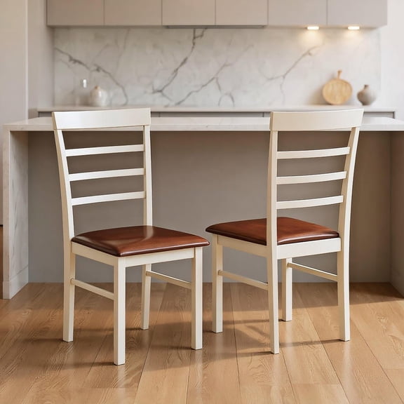 Resenkos Set of 2 Armless Dining Chairs with PU Leather Upholstery and Wooden Frame, White and Brown
