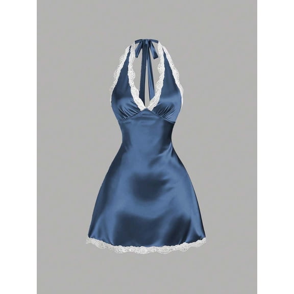 Dusty Blue Womens Halter Neck Lace Trim Satin A-Line Mini Dress