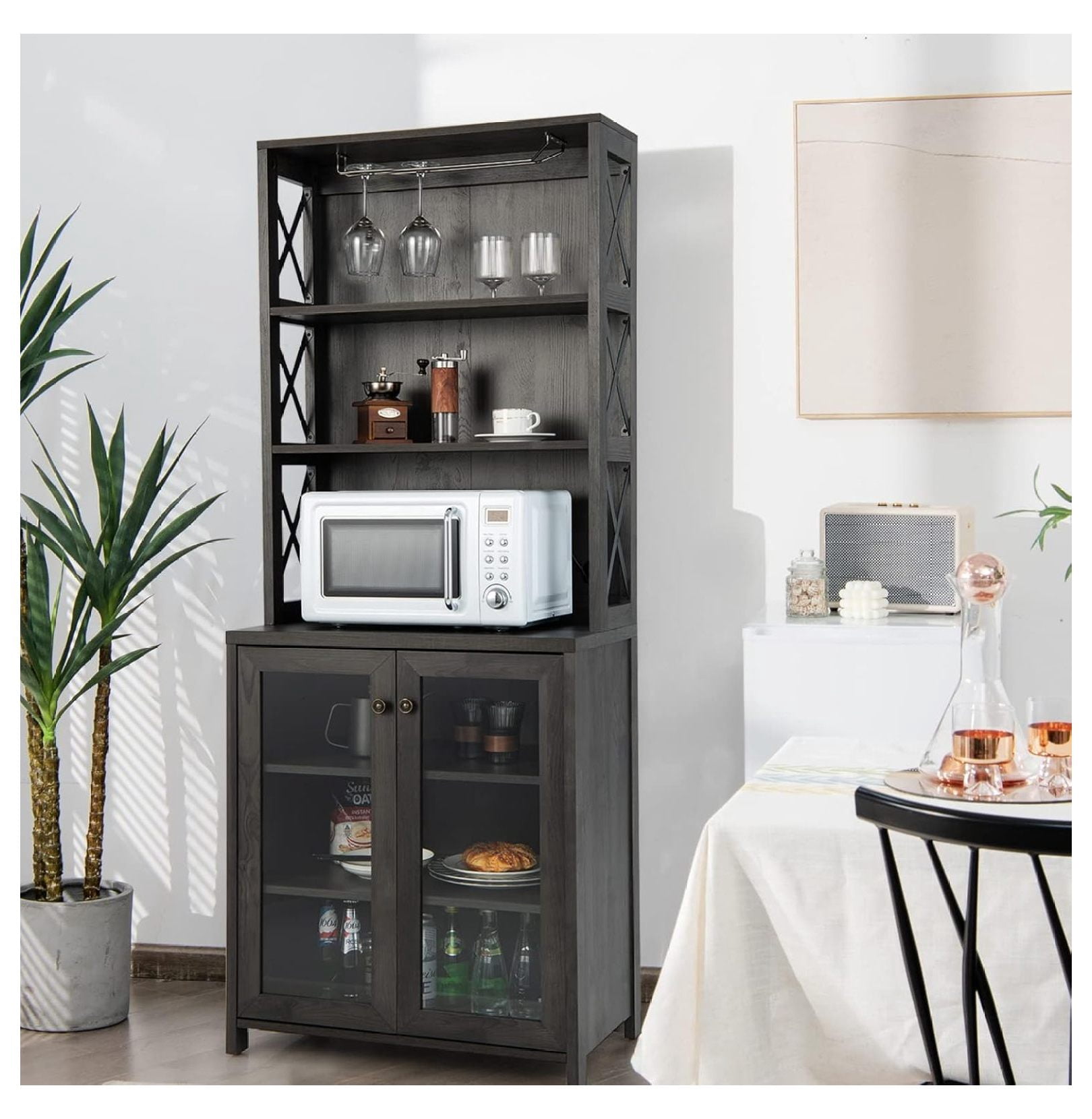 Kitchen Pantry Storage Cabinet, Farmhouse Buffet Hutch with Stemware Rack, Microwave Countertop & Tempered Glass Doors, 67.5" Freestanding Kitchen Hutch with Adjustable Shelf