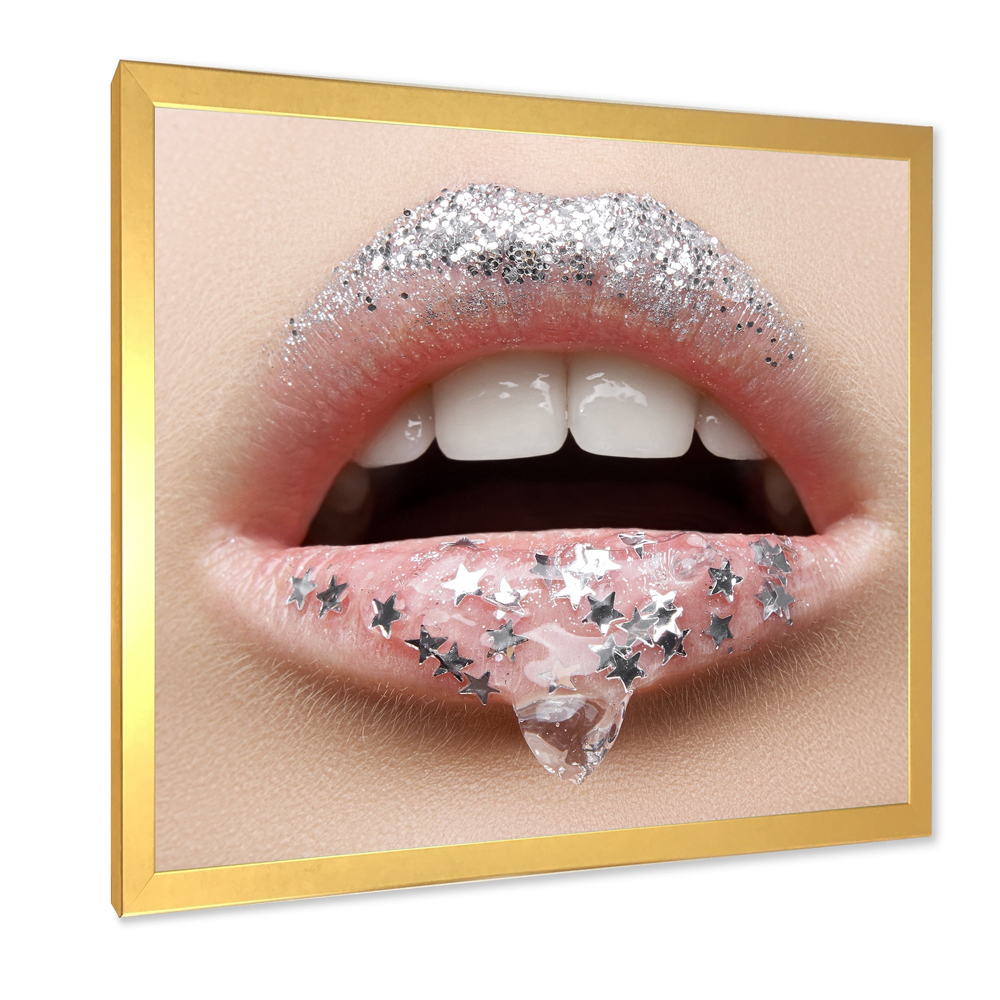 Designart 'Woman Lips With A Gel On The Lips & Stars' Modern Framed Art Print