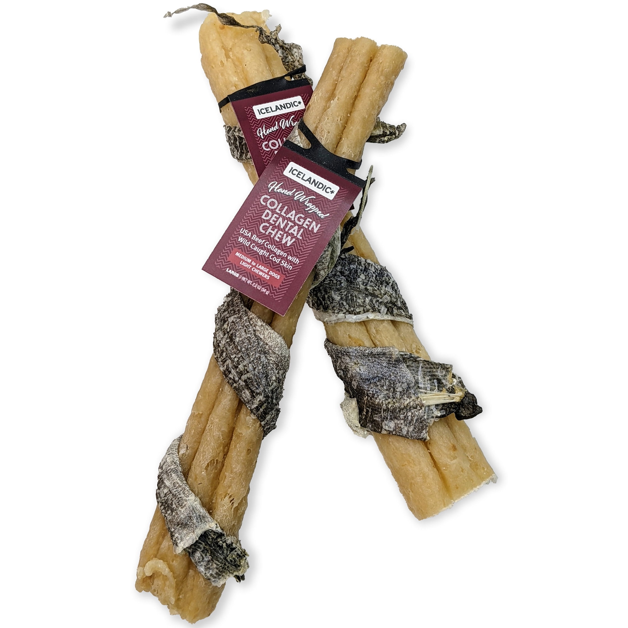 Icelandic+ Collagen Dental Chew: Beef & Cod Skin - 18 Pack - 8" Dog Treat Stick, Hand-Wrapped Fish, 2 Ingredient Pet Snack, Dental Rawhide Alternative